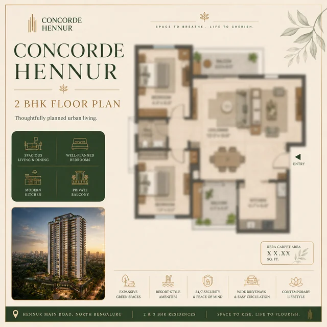 Concorde Hennur 2 BHK floor plan - 1,000-1,150 sq.ft.